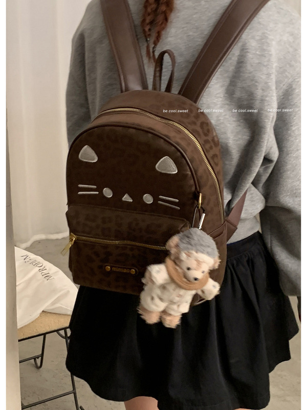 可爱小猫豹纹双肩包包女秋冬2025新款时尚学院风豹纹大容量书包|undefined