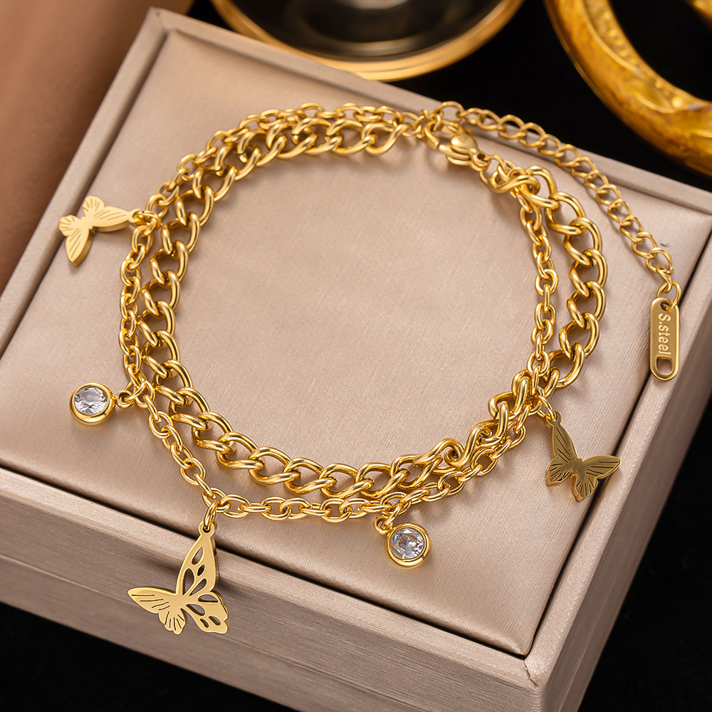304 Stainless Steel Pendant Material Bracelets Classification 304 Stainless Steel Chain Material PVD Coated Real Gold Plated Butterfly Titanium Steel Elegant Streetwear Waterproof Non Tarnish Bracelets