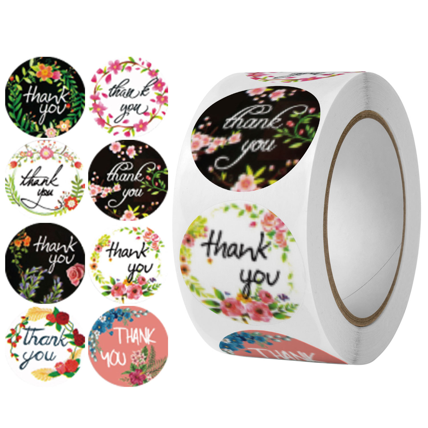 Factory direct sales roll-packed round floral thank you stickers birthday party wedding decoration stickers thank you labels