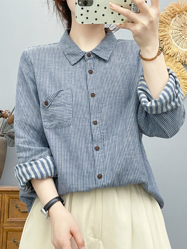 Japanese Single Double-Layer Cotton Gauze Long-Sleeved Striped Shirt for Women Export High-Quality Soft Skin-Friendly Pure Cotton Loose Top