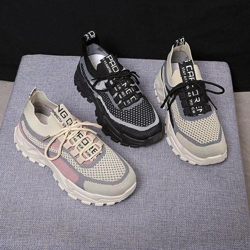 Women's  Spring and Autumn New Fashionable Casual Thick Sole Running Sneakers with Brand Break Code Discount Knit Dad Shoes