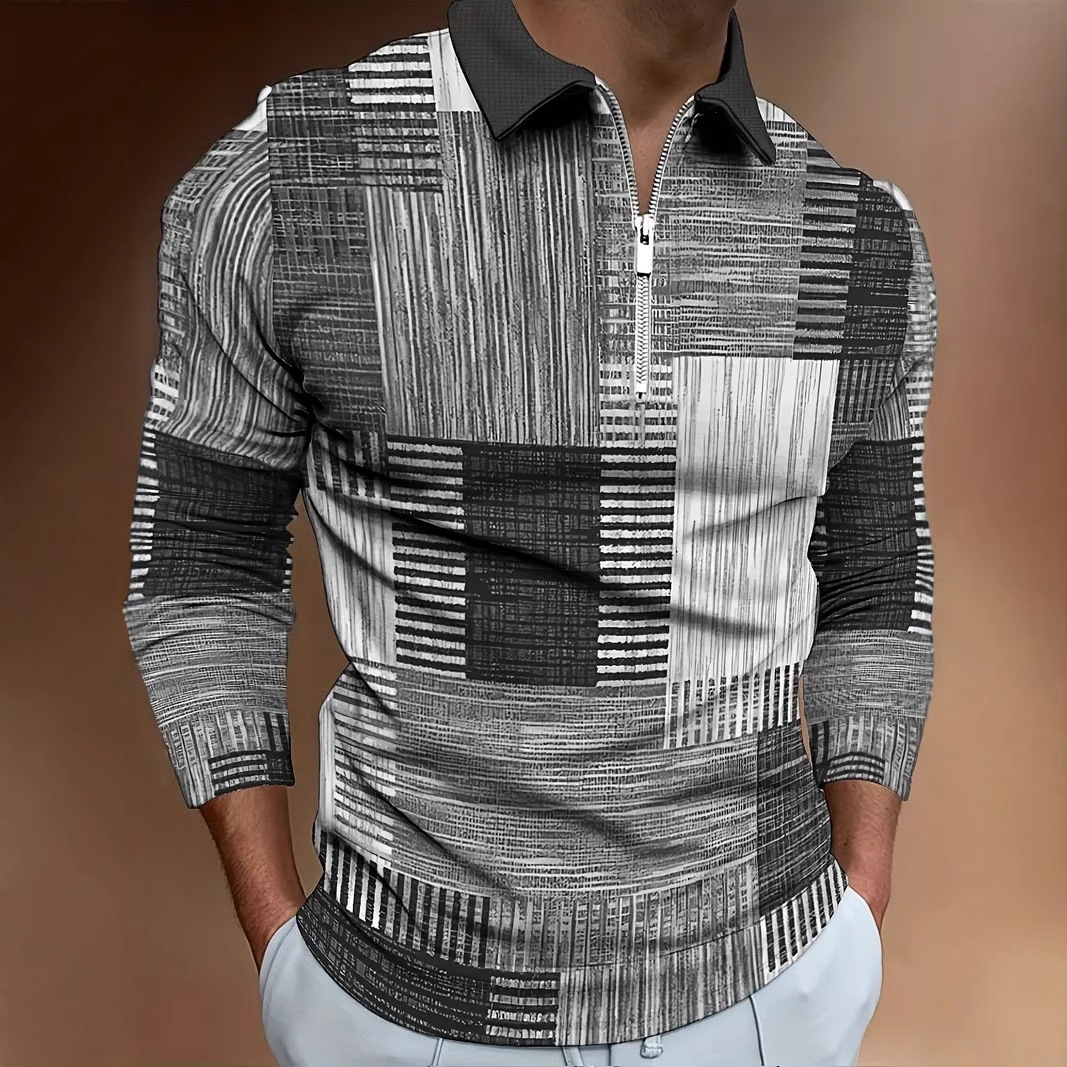 AliExpress transfronterizo línea geométrica de color 3D impresión hombres calle moda suelta cremallera camisa POLO