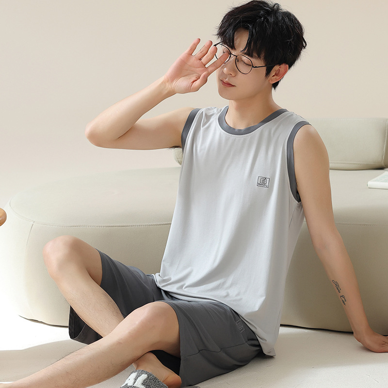 남성 여름 민소매 조끼 모달 잠옷 남성 한국 스타일 루즈 심플 캐주얼 고급 홈웨어 남성 여름