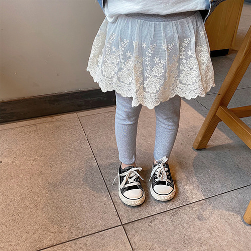 Girls' culottes cotton spring and autumn new children's pants baby lace fake two-piece leggings trousers