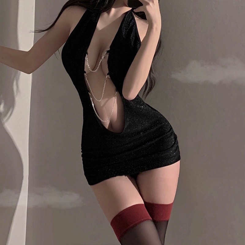 New plus-size erotic lingerie with hollow-out design, sexy chain detail, slim fit, backless, deep V-neck, black sexy dress, bodycon skirt