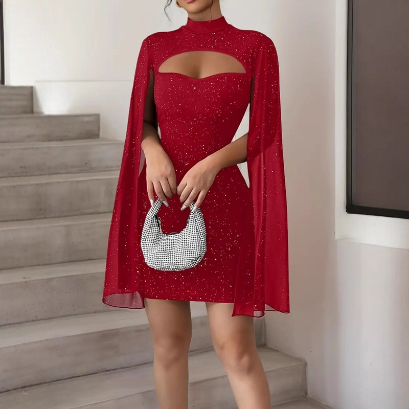 Cross-Border European and American Women's Clothing Round Neck Chiffon Cape Lantern Sleeve Ribbed Slim Fit Bodycon Dress Sexy Hot Girl Cross-Border European and American Women's Clothing Round Neck Chiffon Cape Lantern Sleeve Ribbed Slim Fit Bodycon Dress Sexy Hot Girl