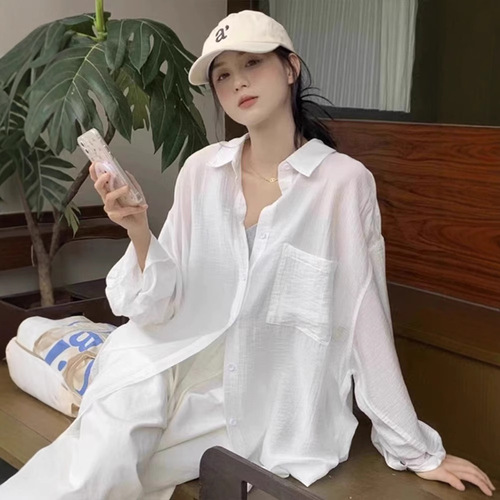 French-style white cotton linen sun shirt women's summer thin version outerwear women's open jacket women's blouse linen top summer