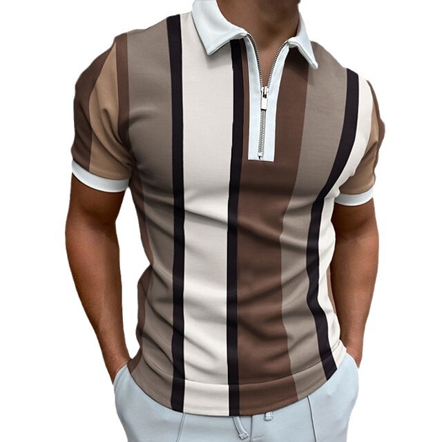 跨境潮流户外休闲3D条纹拼色男士Polo衫短袖拉链Polo衫高尔夫球衫