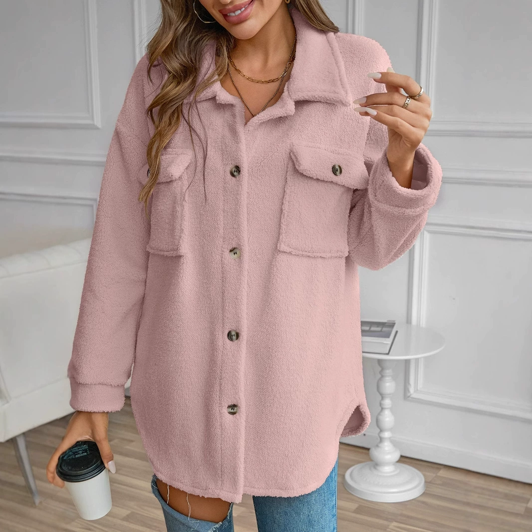 [Европа и США осень и зима] Женская элегантная куртка Тедди-сплошной цвет, дизайн застежки с раскладушкой