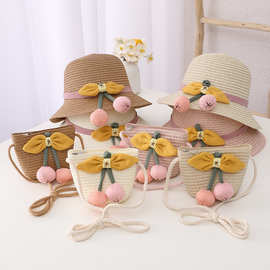 儿童遮阳帽子女童夏季草帽零钱包包套装包包防晒沙滩帽太阳渔夫帽