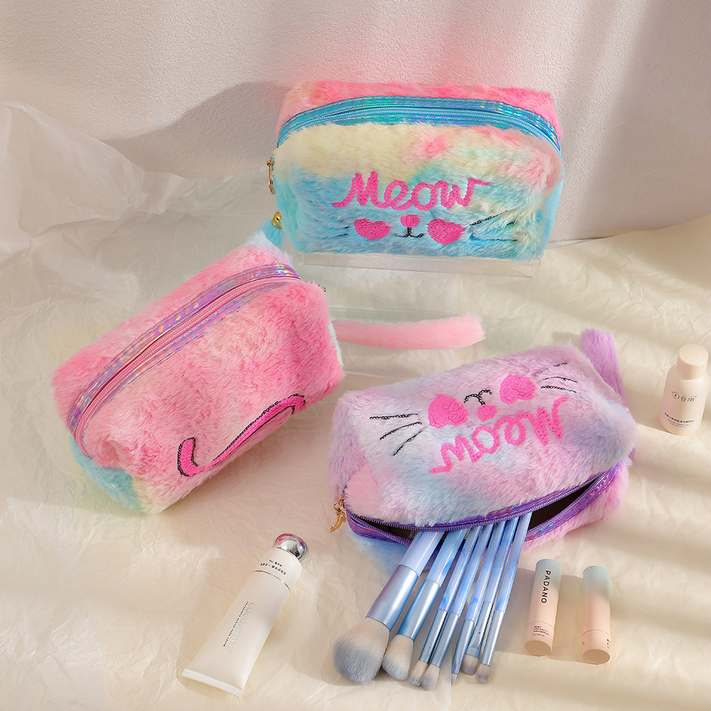 Bolsa de Cosméticos de Felpa Estilo Coreano, Caricatura de Gato, Suave y Linda, Bolsa de Almacenamiento para Estudiantes e Invierno