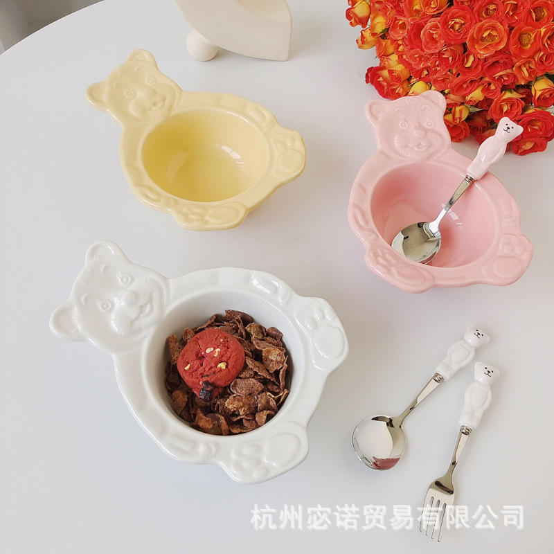 Hanfeng INS wind cute retro cream bears ceramic bowl milk oatmeal breakfast bowl dessert bowl salad bowl
