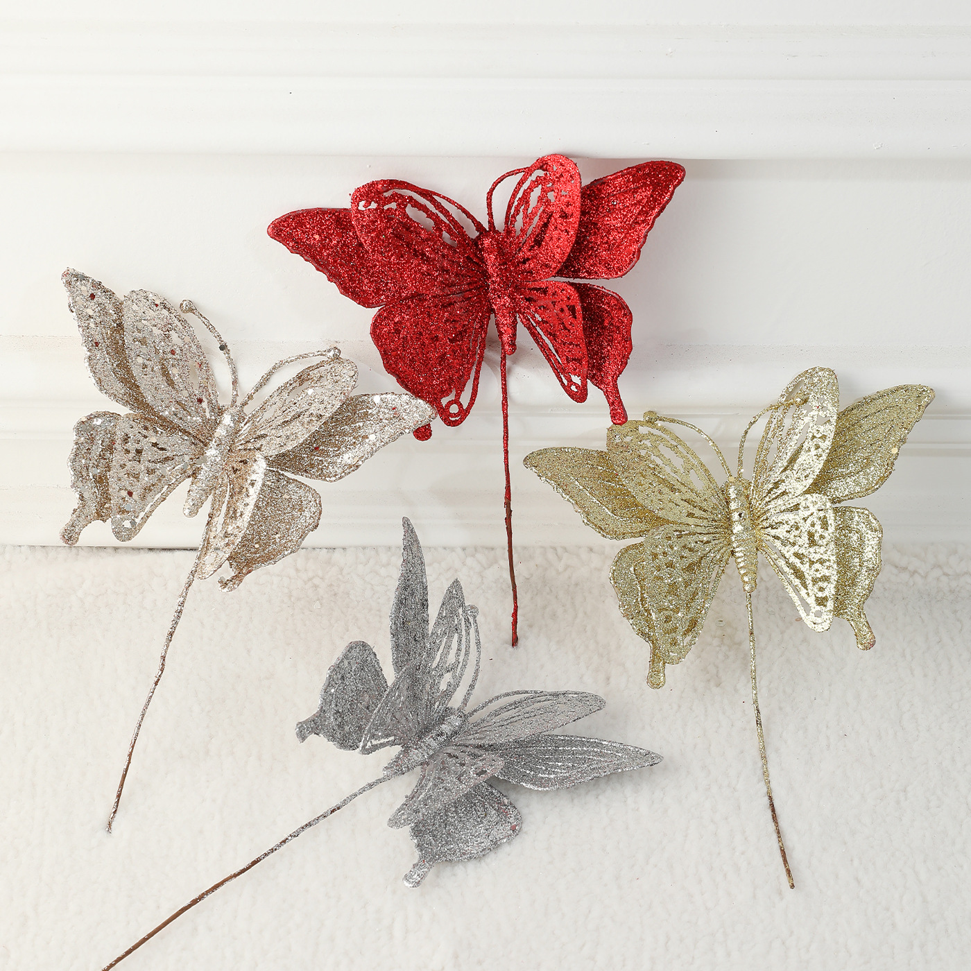 Nuevos productos de mariposa polvo de oro polvo de alta calidad árbol de Navidad flor de decoración colgante decoración accesorios