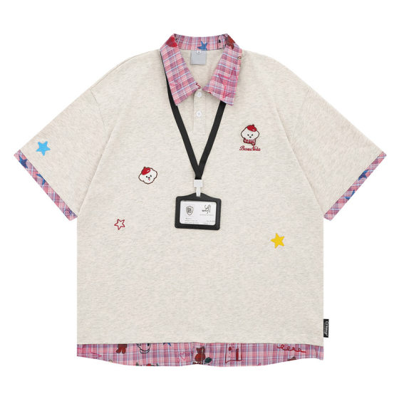 American Style Embroidered Puppy Plaid Polo Collar Short-sleeved T-shirt for Men and Women Spring and Summer Loose College Style Fake Two-piece Half-sleeved T-shirt