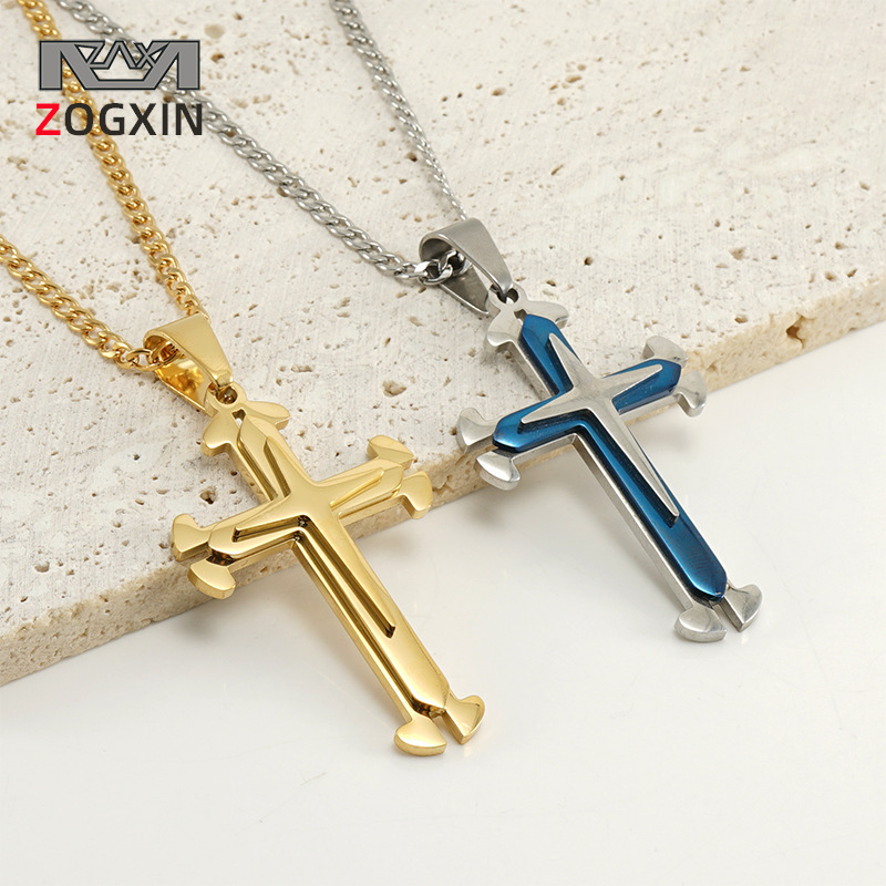Cruz-frontera europea y americana de acero inoxidable de moda multi-capa Cruz colgante collar de los hombres de 18 quilates de oro hip hop collar de acero de titanio