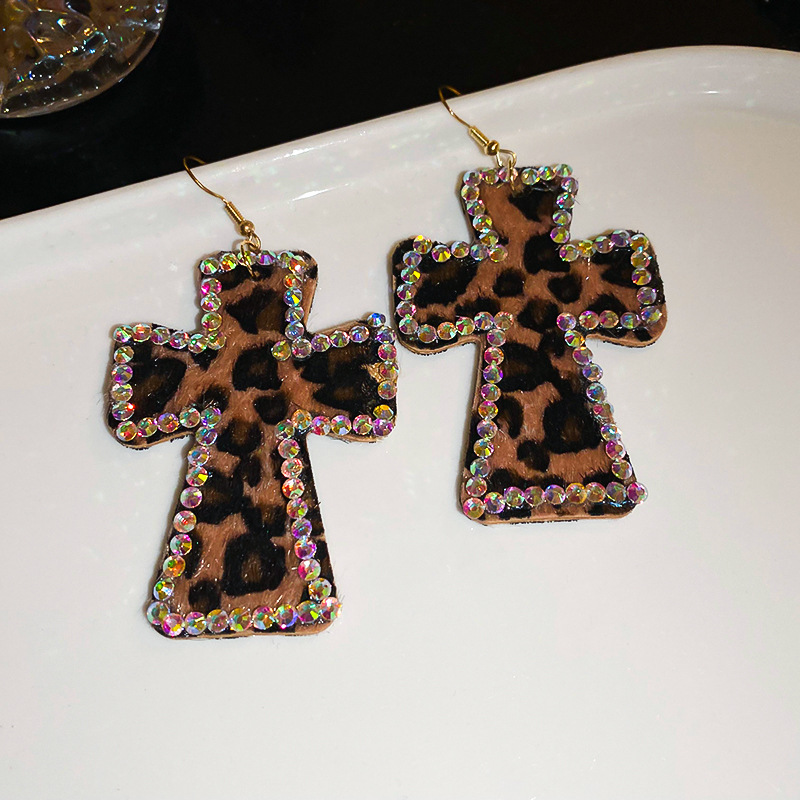 Designer style sweet and cool leopard print cross earrings with colorful diamonds, women's trendy design earrings_voghion.com