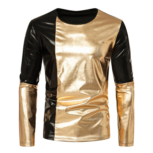  Men's gold black leather patchwork jazz dance shirts punk rock style gogo dancers performance  Long sleeved T-shirt  Nightclub bar dancing Bottom Top for Man