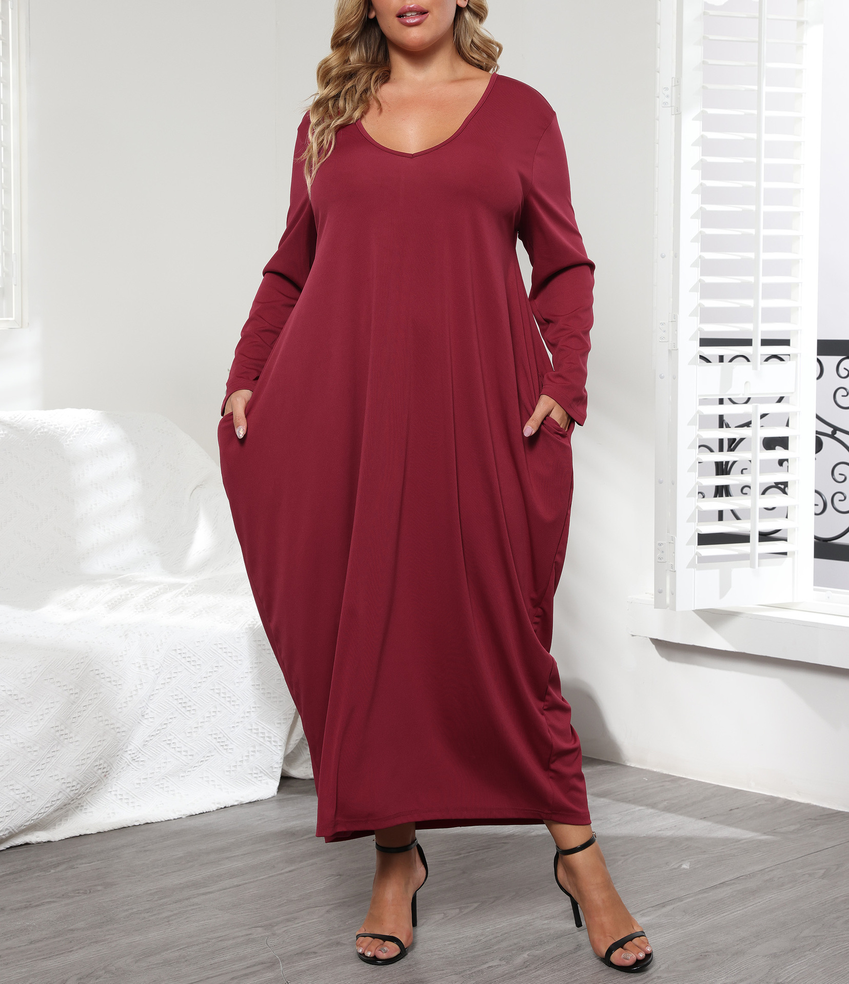 plus size V-neck loose long-sleeved double-pocket lace-up solid color dress NSOY125578