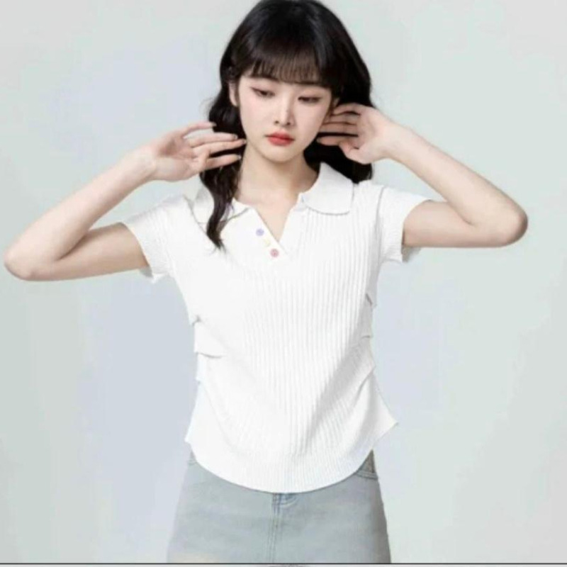 拉夏贝尔冰丝针织POLO衫短袖T恤女5新夏季褶皱修身翻领衣|undefined