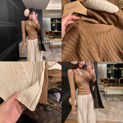 杏色新中式毛衣针织衫女秋季修身紧身内搭打底衫长袖短款上衣初秋