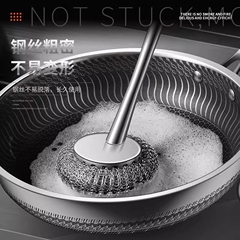 ステンレス鍋ブラシ、キッチン専用長柄鍋洗い、食器洗い、掃除用スチールワイヤーボールブラシ、糸が抜けない、鍋こすり道具、ハンドガード