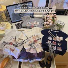 夏季女童26新款立体蝴蝶结腊肠小狗短袖t恤百搭韩版