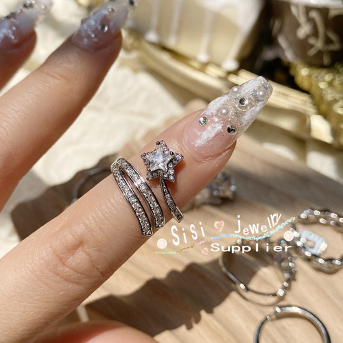 Sisi's new creative comet ins Internet celebrity bow series 18K plated micro-set five-pointed star ring for women