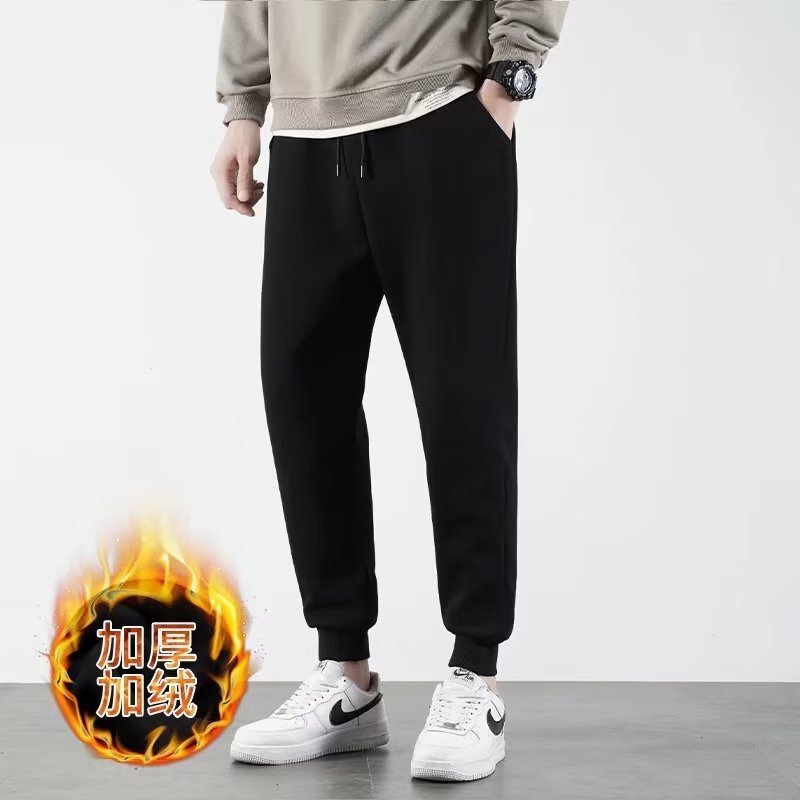 Fleece-lined thickened ankle-tied pants men's loose casual sports pants black autumn and winter closed ankle-tied fleece leather rope pants