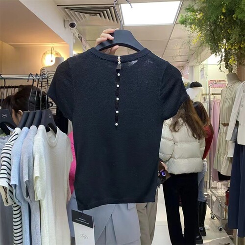 Back hollow knitted sweater for women for short-sleeved summer shirt slim-fitting shoulder short half-sleeved top