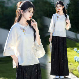 好质量中式东方汉服圆领斜襟盘扣重工提花上衣搭配国风长裤两件套