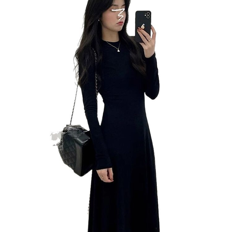 赫本风黑色长袖连衣裙子早秋季女装2025新款法式气质修身显瘦长裙|undefined