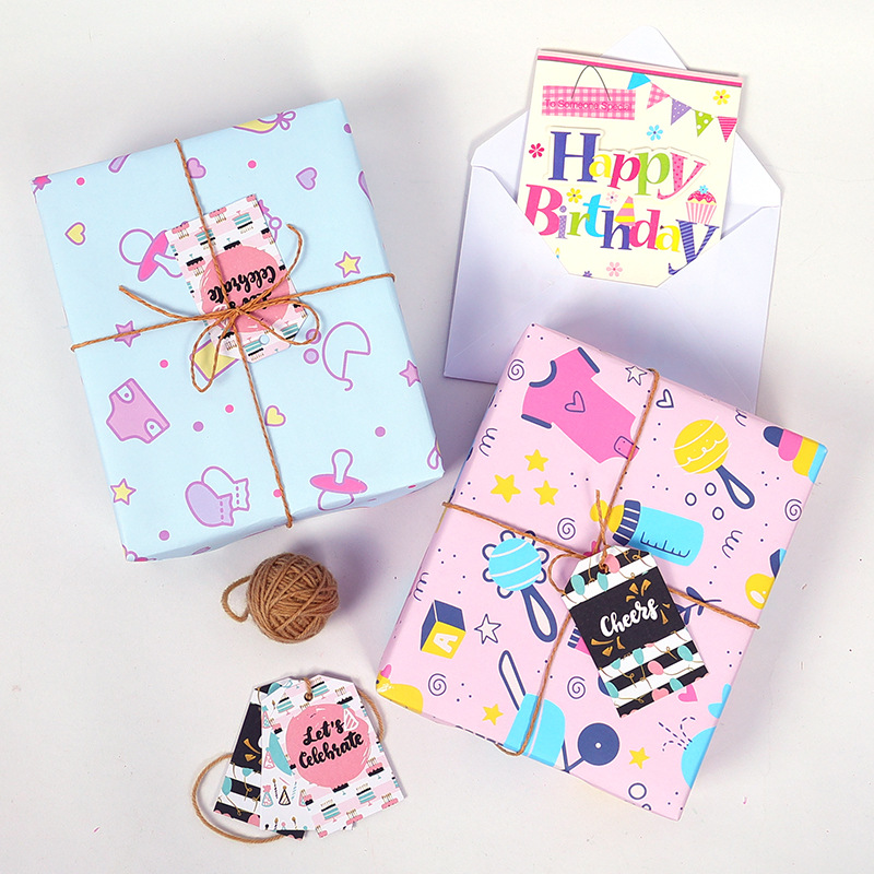 Amazon bebé serie de dibujos animados papel de regalo papel Kraft blanco DIY papel de regalo hecho a mano en stock al por mayor
