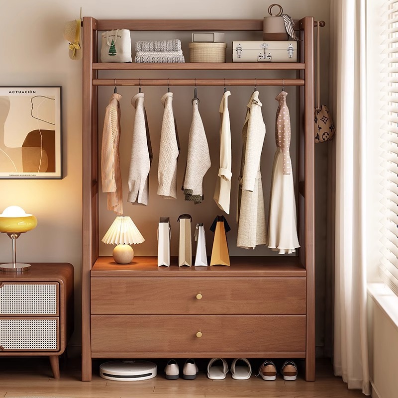 Nordic Solid Wood Coat Rack with Drawer Modern Simple Bedroom Bedside Table Clothes Hanger Integrated Home Floor-Standing Clothes Hanger