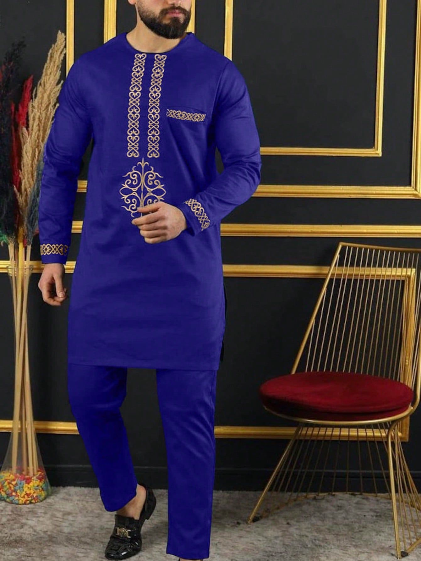 Traje de boda tradicional africano para hombre, conjunto de 2 piezas, cuello redondo, manga larga, top y pantalones, comercio exterior