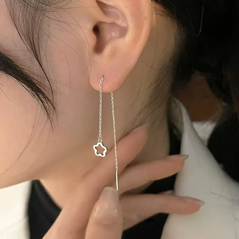 简约镂空花朵耳线2025年新款精致小巧甜美长款流苏小花耳环耳链女