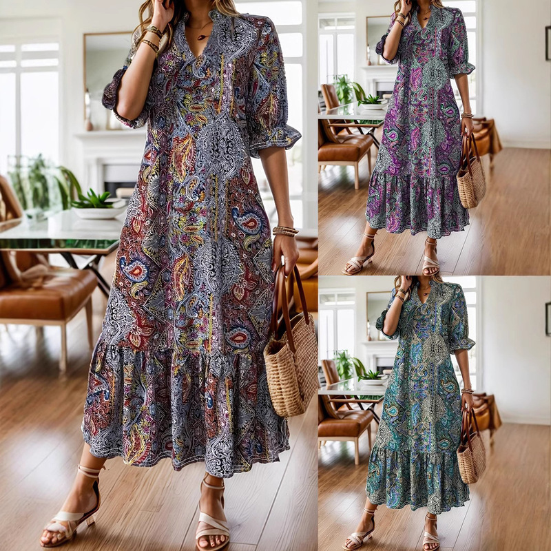 Spring and summer 2025 new European and American Amazon independent station wish cross-border women's printed V-neck plus size dress women
