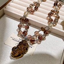 茶晶立体貔貅吊坠项链茶色水晶双层串珠锁骨链天然石高级感颈链女