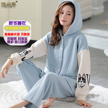睡衣女秋冬新款针织棉三层加厚保暖夹层不臃肿睡缔美家居服可外穿