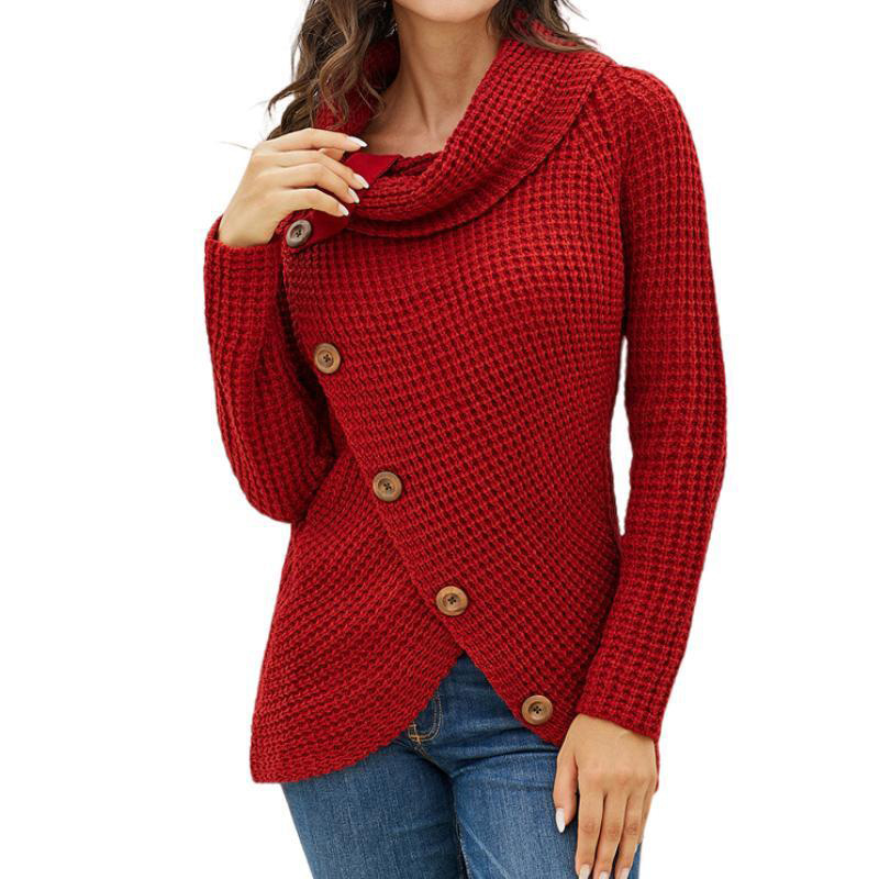 Suéter Amarillo Nuevo de Otoño 2023, Estilo Transfronterizo, con Botones, Cuello Alto, Color Sólido, de Manga Larga, Tejido, Informal y Versátil para Mujer