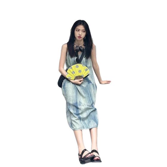 High-end Niche Design Tie-dye Elegant Sling dress Women's Summer Loose Lazy Style Seaside Holiday Long Dress