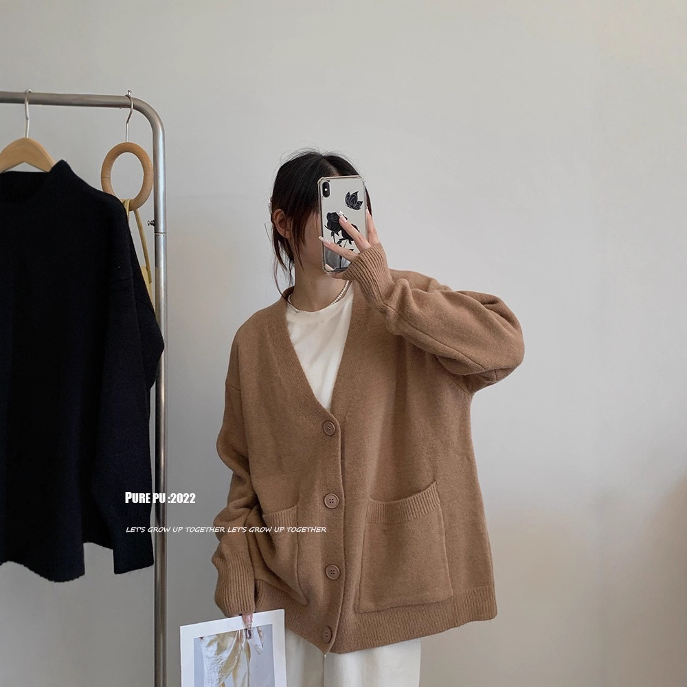 Fenna Fu's New Autumn and Winter V-Neck Knitted Cardigan for Women to Wear as Outerwear, Lazy Style Design, Pure Color Loose Soft Waxy Sweater