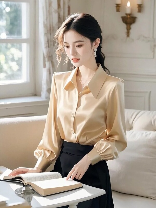 2025 New Women's Light Luxury High-end Hong Kong-style Inner Shirt Unique Beautiful Champagne Satin Shirt Top Spring