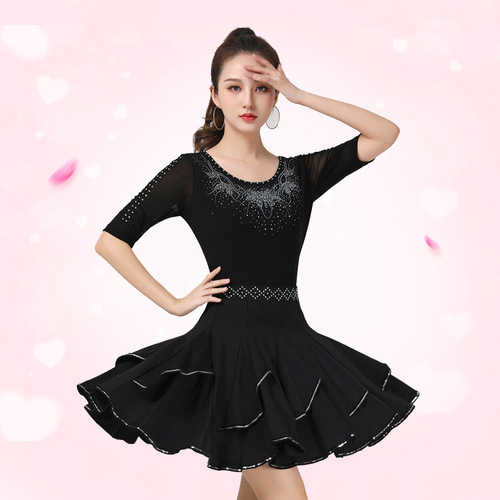 Square dance modern dance top new style female butterfly diamond round neck three-quarter sleeves Latin dance costume jitterbug suit