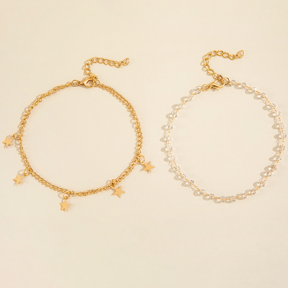 Fashion simple retro wild crystal beaded star double-layer alloy anklet