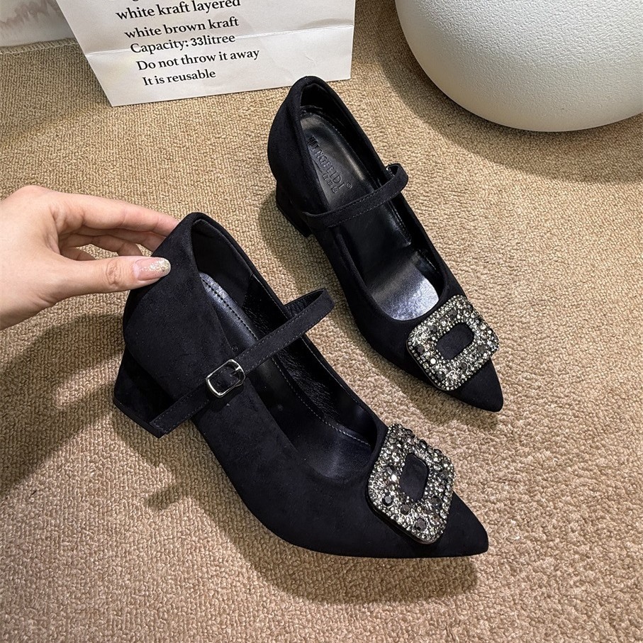2026 nuevo estilo francés con diamante de agua botón cuadrado Mary Jane zapatos de mujer tacones ultra altos puntiagudos zapatos de mujer tacones gruesos 10CM