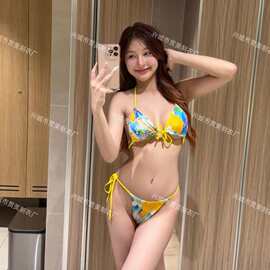 新款印花比基尼博主碎花绑带三点式bikini冲浪泳衣女辣妹三亚度假