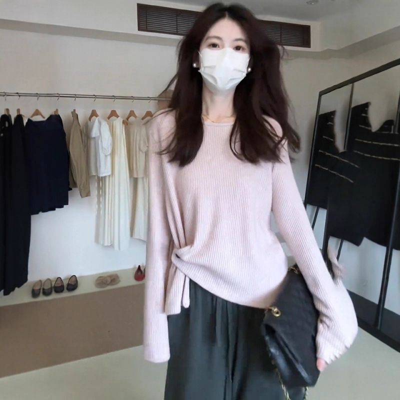 庄不腻秋冬新款绘莉设计感长袖华夫格百搭宽松套头纯色上衣1|undefined