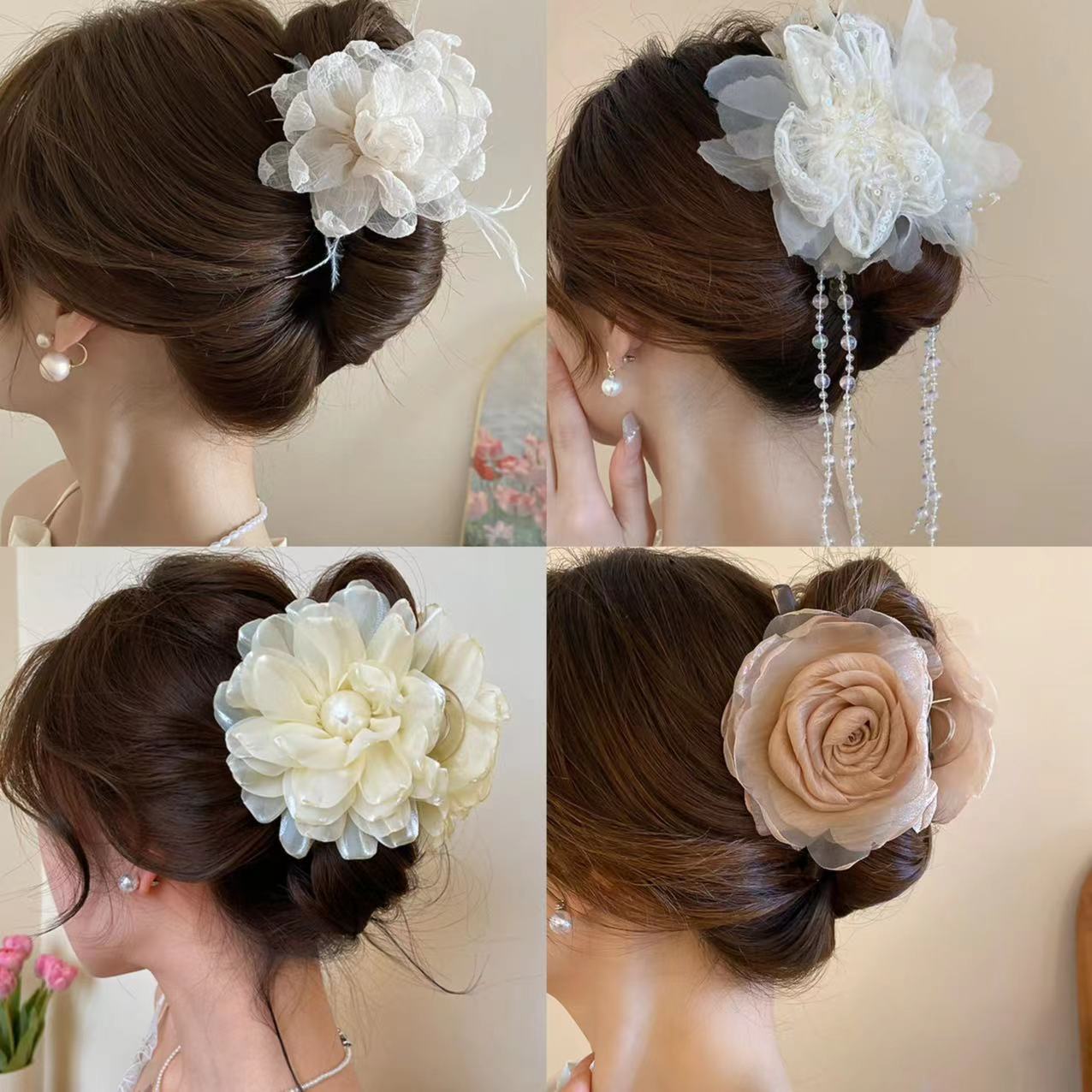 Super hada organza flor perla pinza para el cabello pinza dulce y elegante pinza de tiburón estilo literario de nicho accesorios para el cabello
