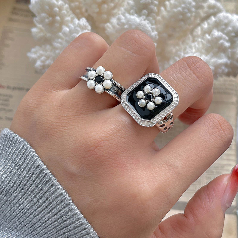 Hong Kong Stil Schwarz Emaille Blumen Silber Ring Retro Trend_voghion.com
