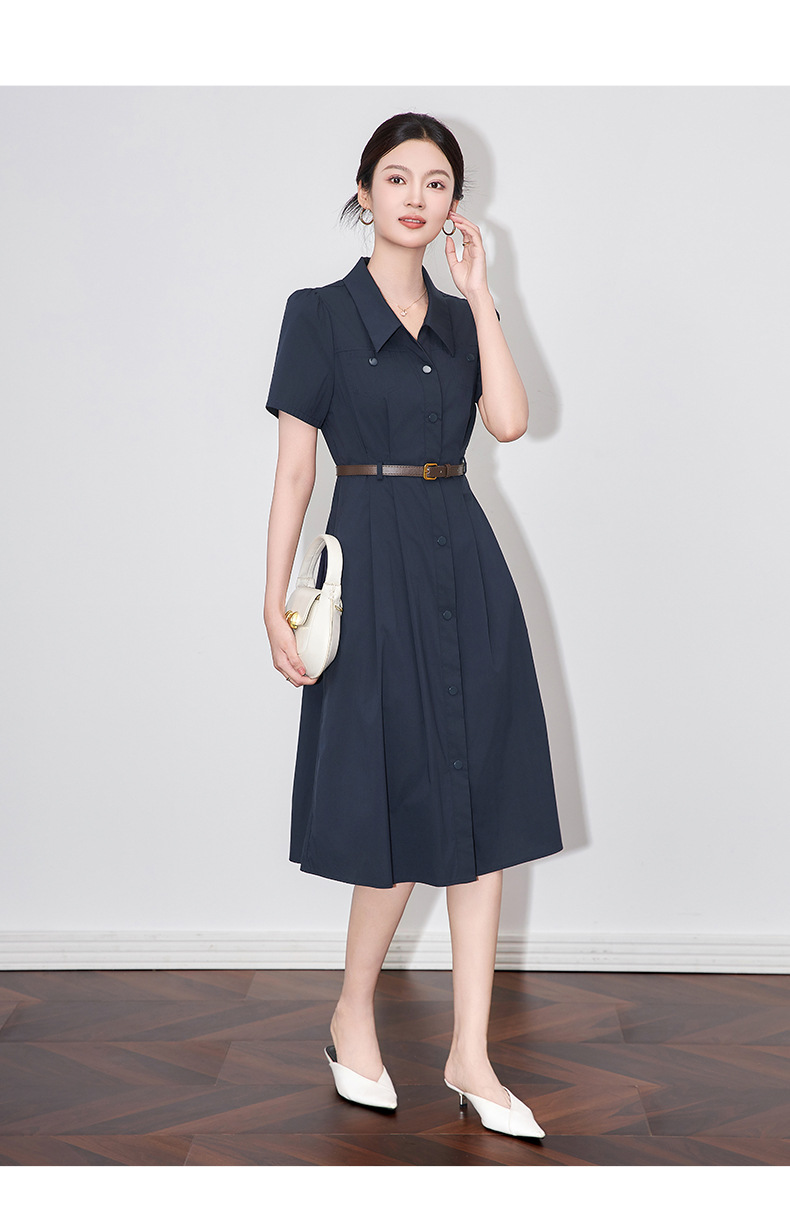 Váy liền kiểu áo sơ mi nữ cổ bẻ eo thon, dáng midi thanh lịch — Màu xanh navy chi tiết 11